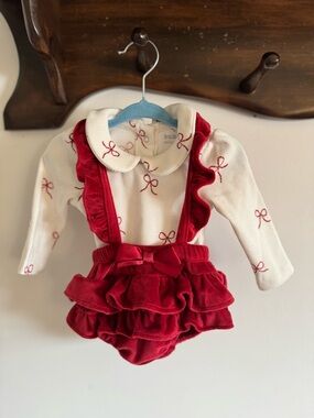 The Children's Place Red Velvet Ruffle Suspender Romper Set